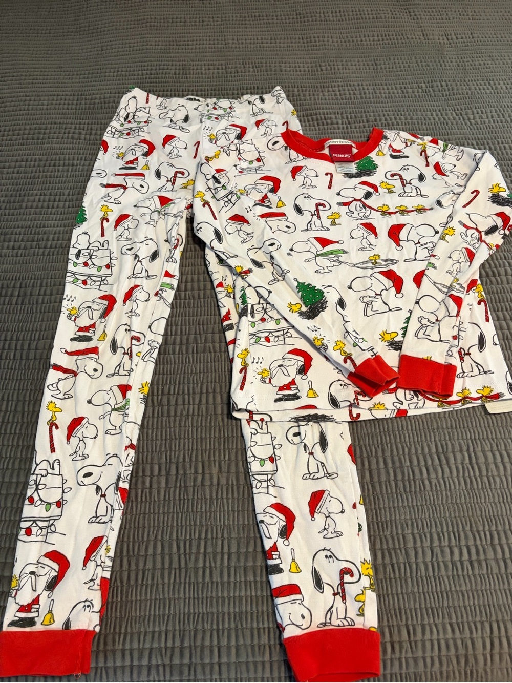 Pottery Barn Kids White Snoopy Holiday Pajama Set with Red Trim